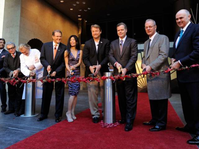Distinguished guests Adam D. Tihany, Pierre Gagnaire and Vanessa Mae joined in the ribbon cutting