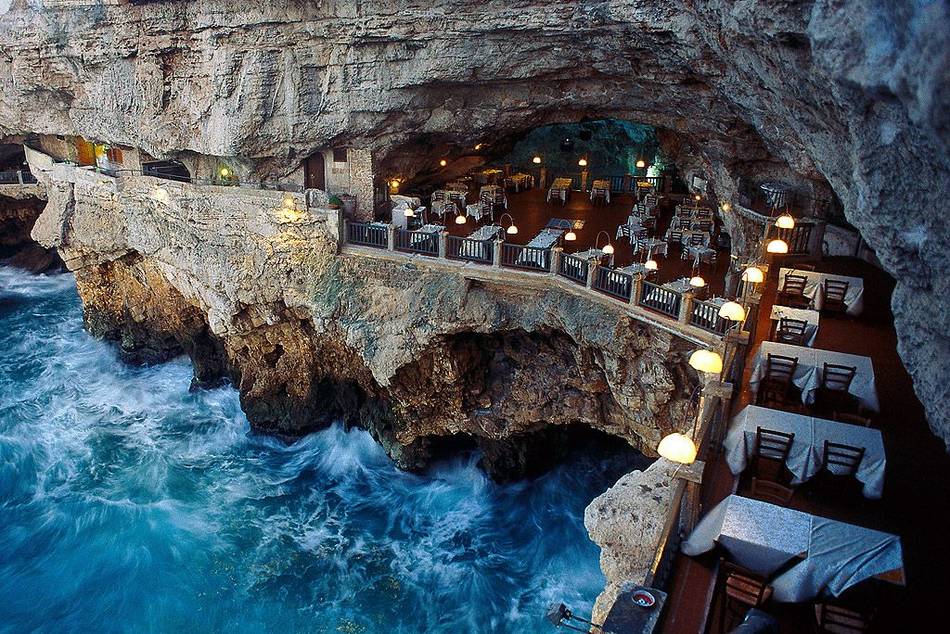 Carved out of magnificent limestone rocks,with a view over the blue-green Adriatic is La Grotta Palazzese