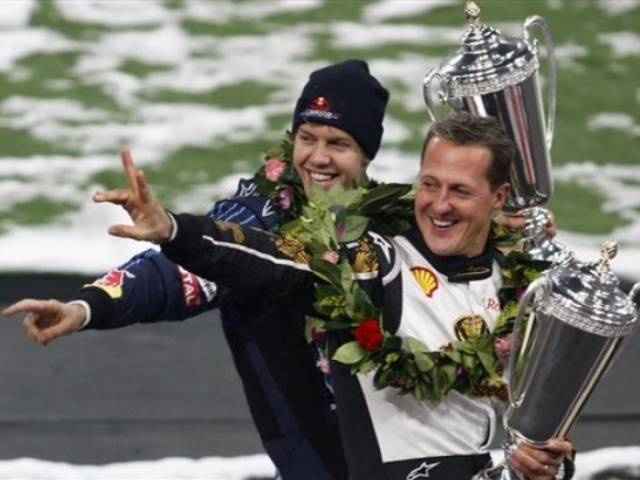 Winner of the Nations Cup, team Germany's Michael Schumacher and Sebastian Vettel