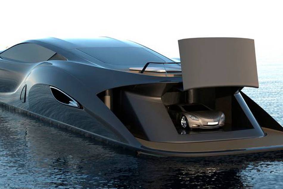 comes with a retractable flybridge, a hidden jacuzzi deck and its very own supercar