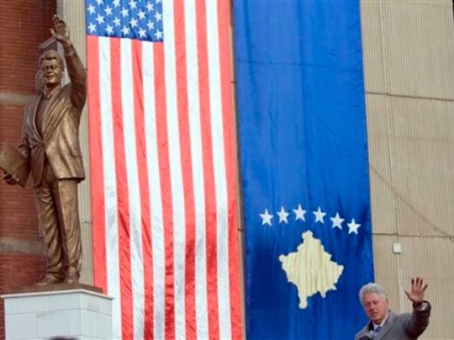 Former US President Bill Clinton attended the unveiling of a statue of himself in the capital of Kosovo, Pristina today   Photo: AFP/GETTY IMAGES
