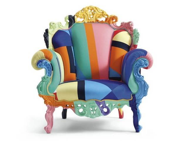 Capellini has reupholstered the Proust Geometrica, in a new cotton fabric by Alessandro Mendini