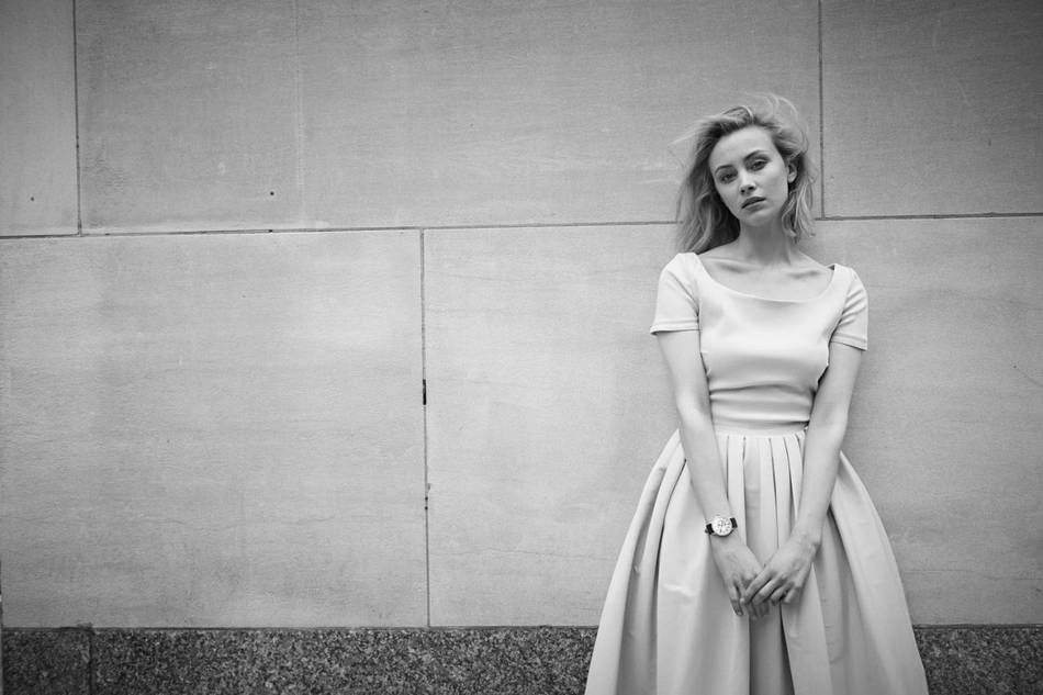 Photographs by Caitlin Cronenberg capturing Sarah Gadon wearing a Jaeger-LeCoultre Rendez-Vous watch is displayed in the label's New York flagship store