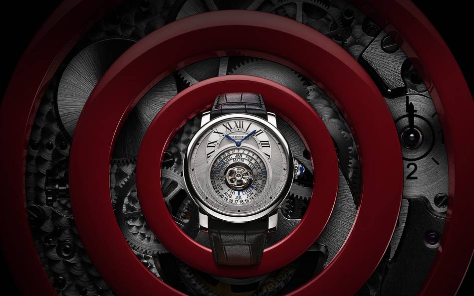 Rotonde de Cartier Astrocalendaire, from Cartier's fine watchmaking collection, has a flying tourbillon that uses a multi-tier circular display for the perpetual calendar