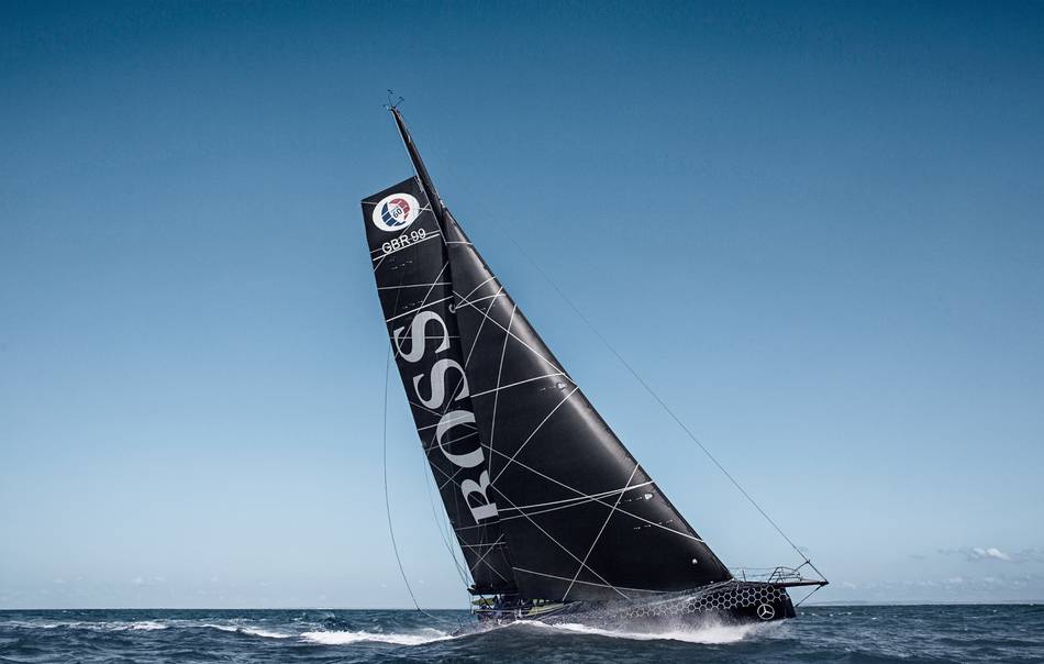 The brand new IMOCA 60 Hugo Boss has an innovative paint characterised by an infrared-reflective effect and a unique aesthetic touch contributed by Konstantin Grcic, a world renowned industrial designer