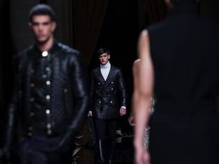 The Gay Hussars provided the starting point of, and continues the military-themed designs by Rousteing, in his sophomoric menswear collection for the label