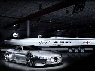 AMG joined forces with Cigarette Racing for the fourth consecutive year to present futuristic visions, the Mercedes-Benz AMG Vision Gran Turismo Concept car and the Cigarette Racing 50' Vision GT Concept