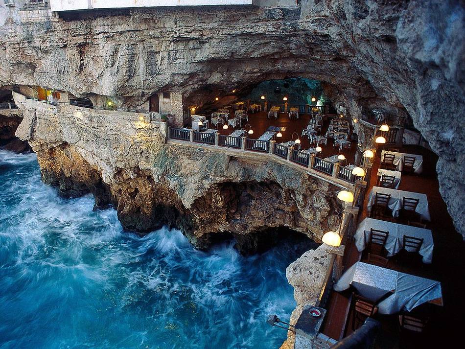 Carved out of magnificent limestone rocks,with a view over the blue-green Adriatic is La Grotta Palazzese