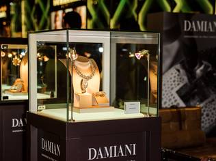 On display is the Damiani 90th Anniversary collection, a limited edition consisting of ten pieces of jewelry, each inspired by a decade of Damiani's history to date