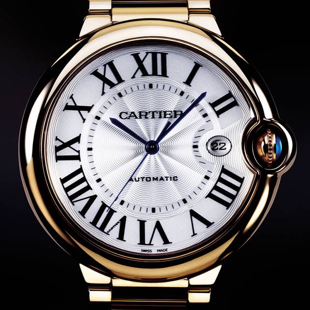Created in 2007, the Ballon Bleu de Cartier's convex case, guilloché dial, sword-shaped hands, with polished or satin-finish links of the bracelet