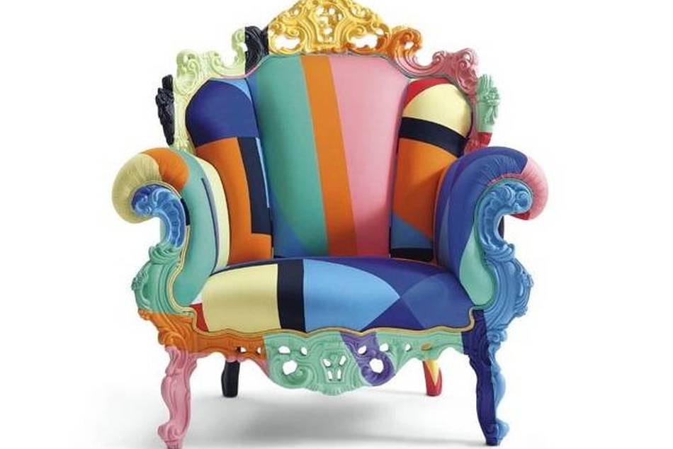 Capellini has reupholstered the Proust Geometrica, in a new cotton fabric by Alessandro Mendini