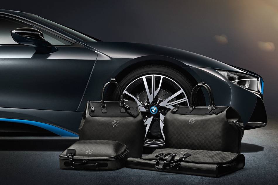 Futuristic travel bags specially made by the French luxury label for the progressive driving German machine made from carbon fibre