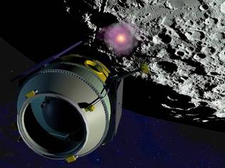Artist's impression of the LCROSS and its Centaur booster rocket crashing into the moon