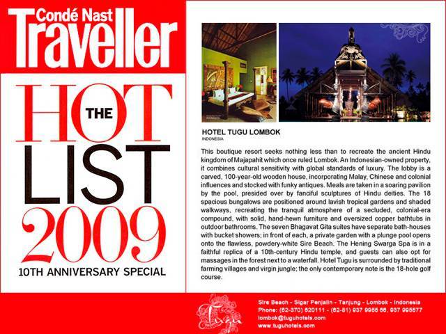 Hotel Tugu Lombok on Conde Nast Traveller "Hot List 2009" at #25